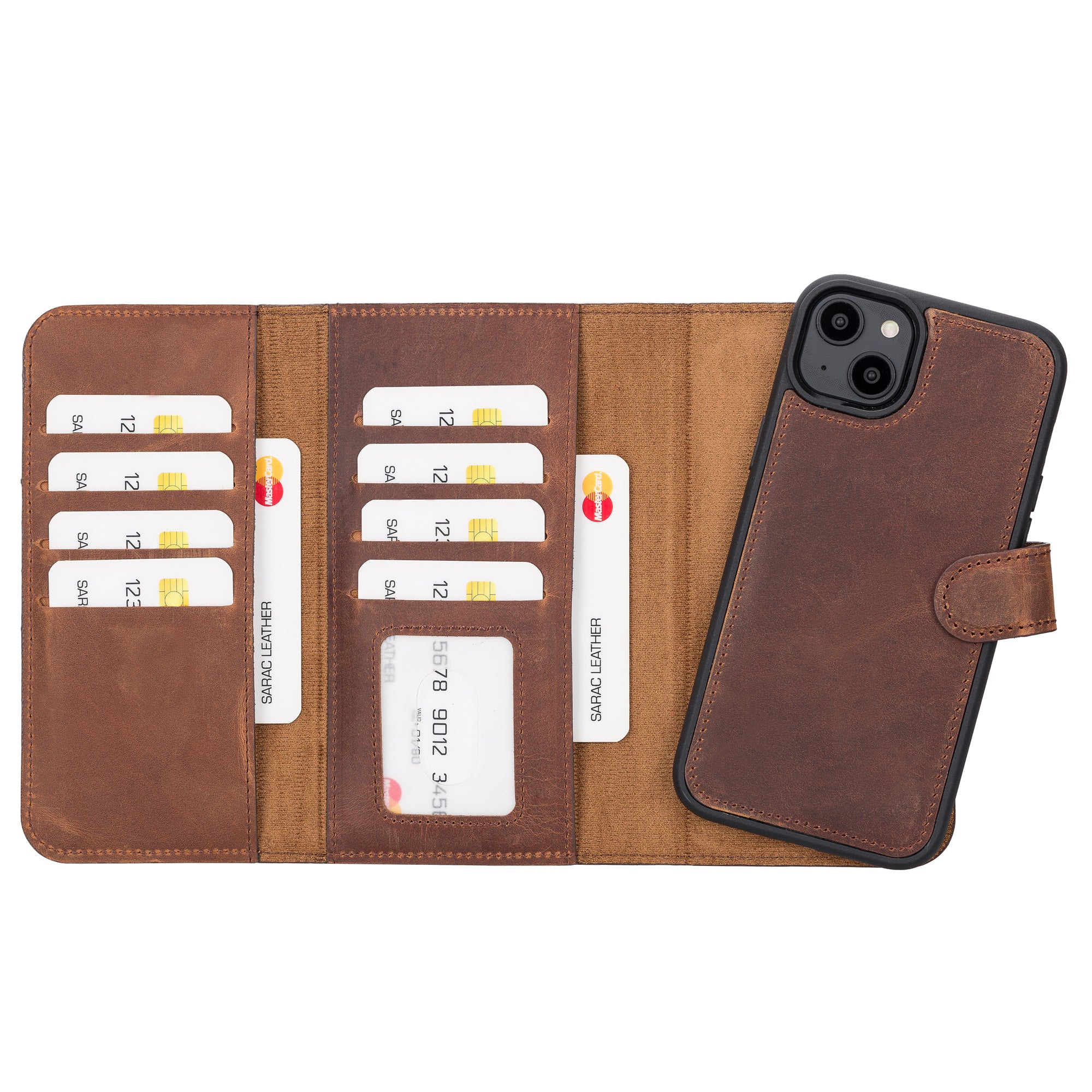 SANTA Magnetic Detachable Leather Wallet Case for iPhone 14 Plus (6.7") - BROWN