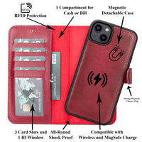 Magic Magnetic Detachable Leather Wallet Case with RFID for iPhone 14 Plus (6.7") - RED
