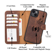 Liluri Magnetic Detachable Leather Wallet Case for iPhone 14 Plus (6.7") - BROWN