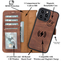 Magic Magnetic Detachable Leather Wallet Case with RFID for iPhone 14 Pro (6.1") - BROWN