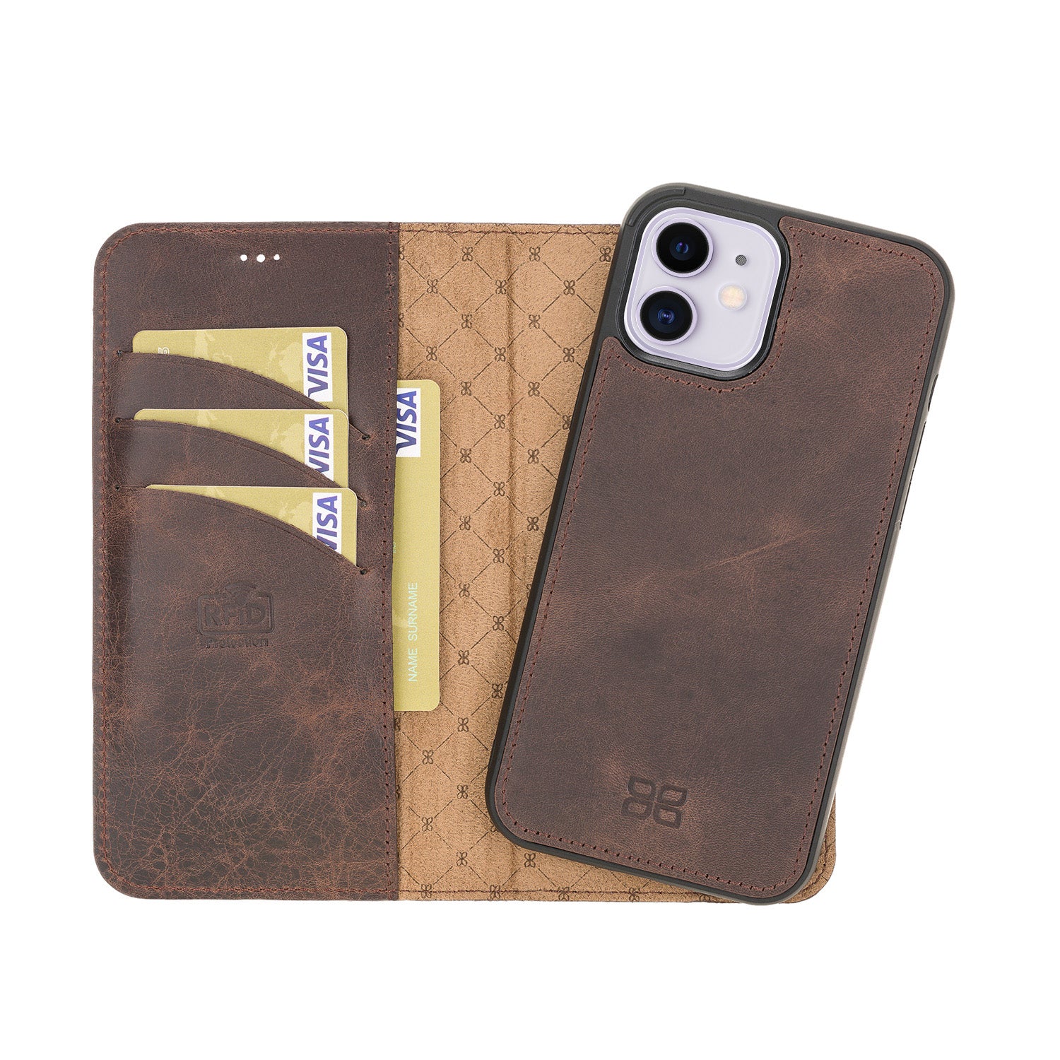 Magic Magnetic Detachable Leather Wallet Case with RFID for iPhone 12 (6.1") - BROWN - saracleather