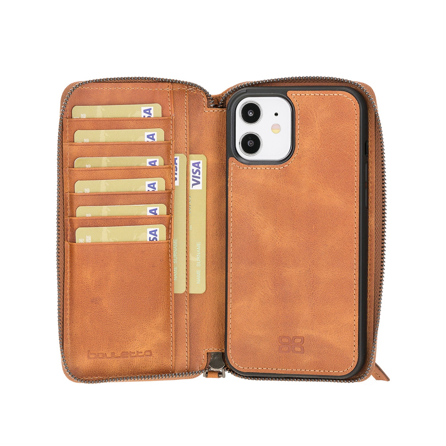 Pouch Magnetic Detachable Leather Wallet Case for iPhone 12 (6.1") - TAN - saracleather