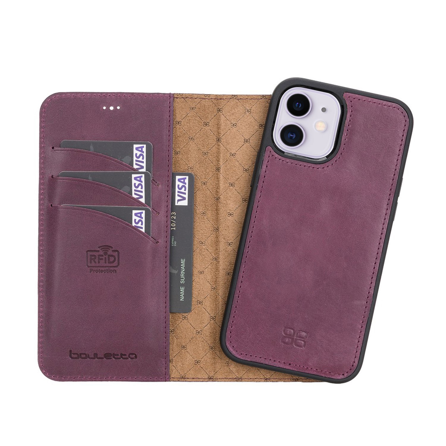 Magic Magnetic Detachable Leather Wallet Case with RFID for iPhone 12 (6.1") - PURPLE - saracleather