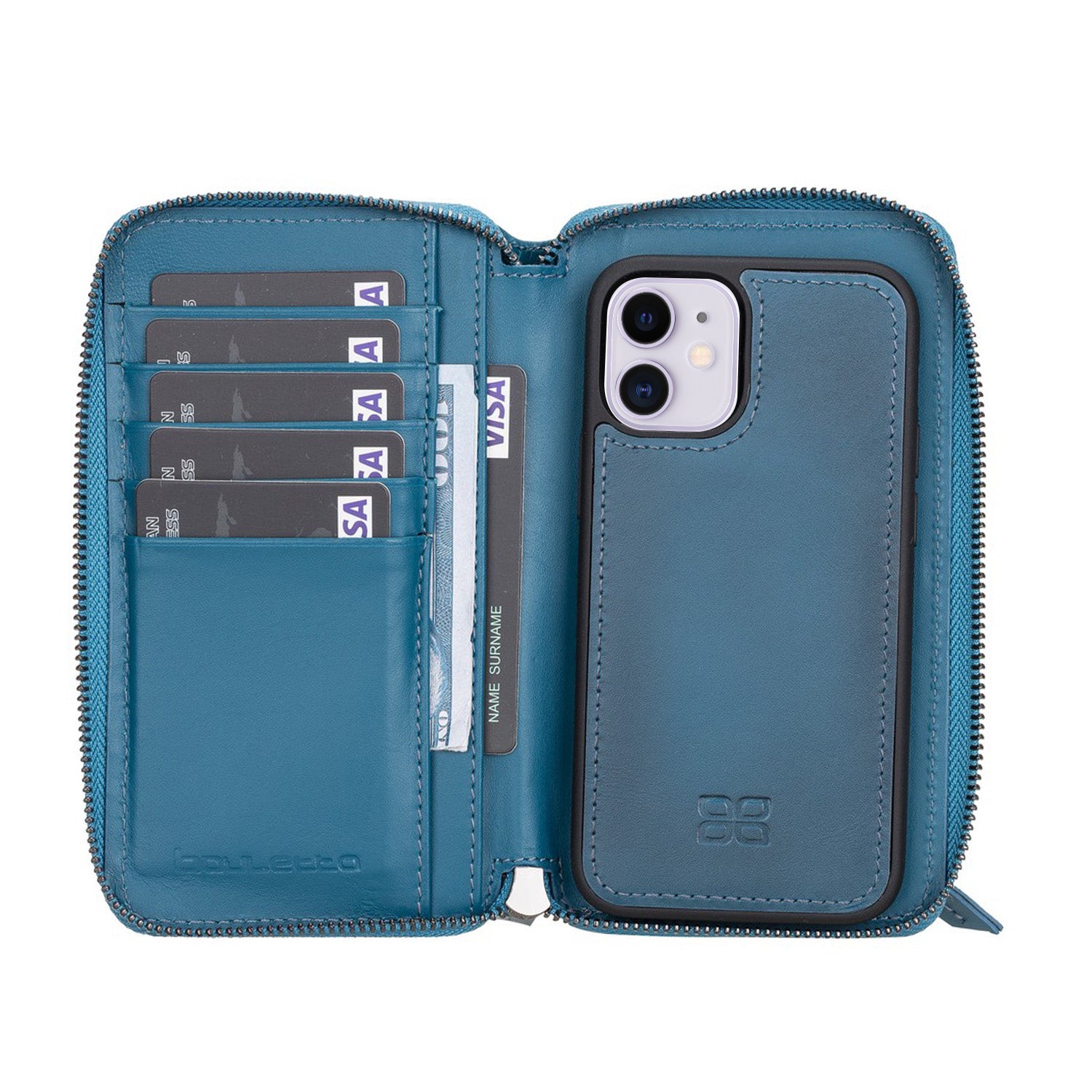 Pouch Magnetic Detachable Leather Wallet Case for iPhone 12 Mini (5.4") - BLUE - saracleather