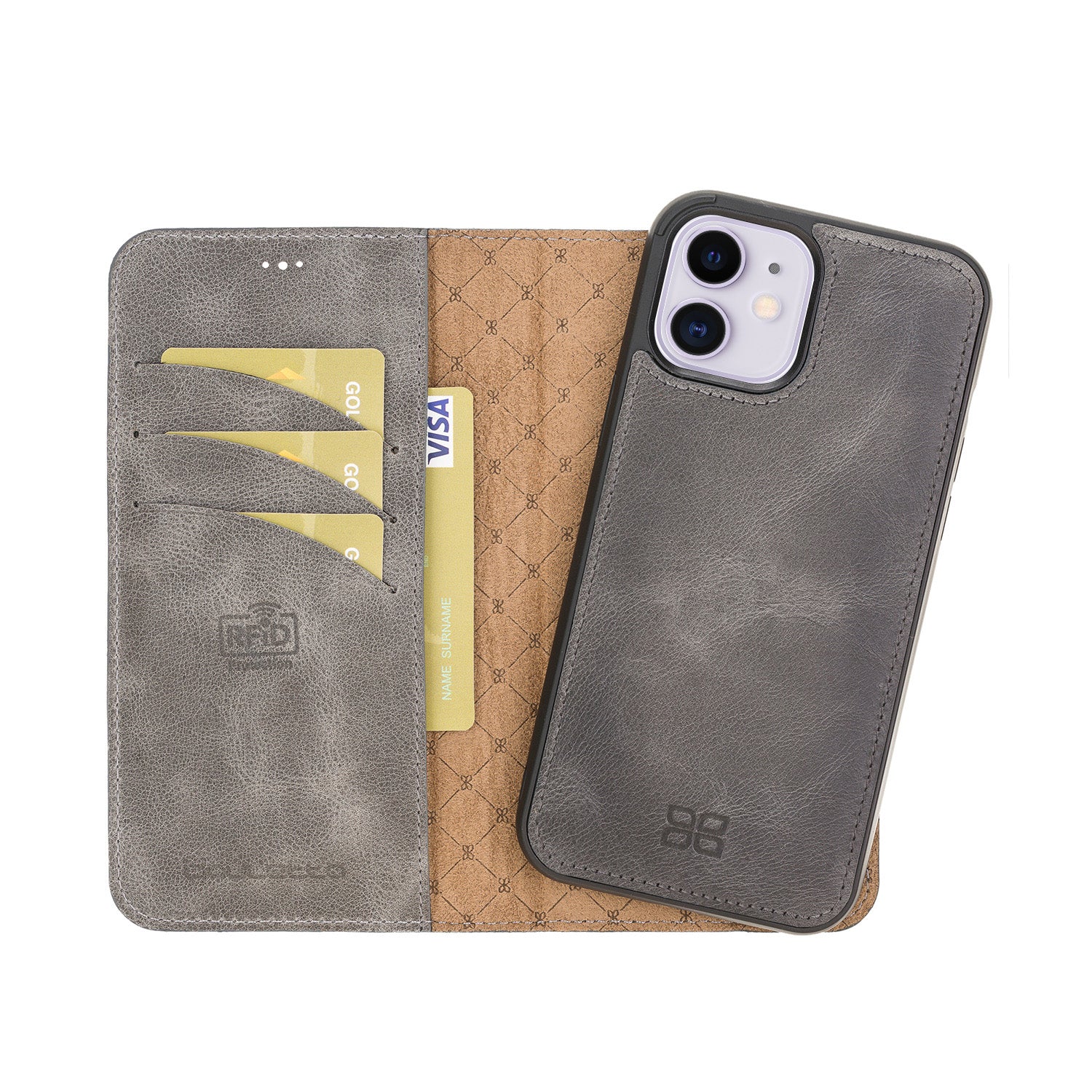 Magic Magnetic Detachable Leather Wallet Case with RFID for iPhone 12 Mini (5.4") - GRAY - saracleather