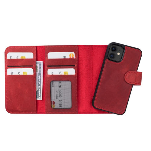 Santa Magnetic Detachable Leather Wallet Case for iPhone 12 Mini (5.4") - RED - saracleather