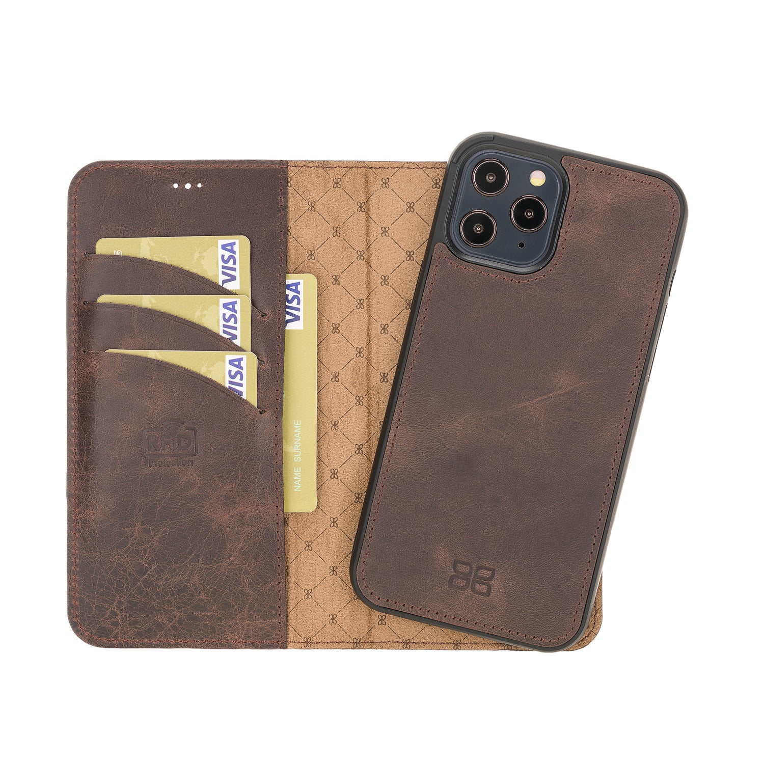Magic Magnetic Detachable Leather Wallet Case with RFID for iPhone 12 Pro Max (6.7") - BROWN - saracleather
