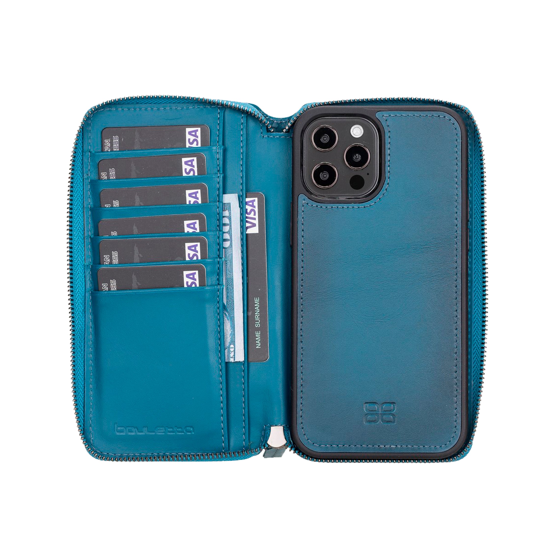 Pouch Magnetic Detachable Leather Wallet Case for iPhone 12 Pro Max (6.7") - BLUE - saracleather