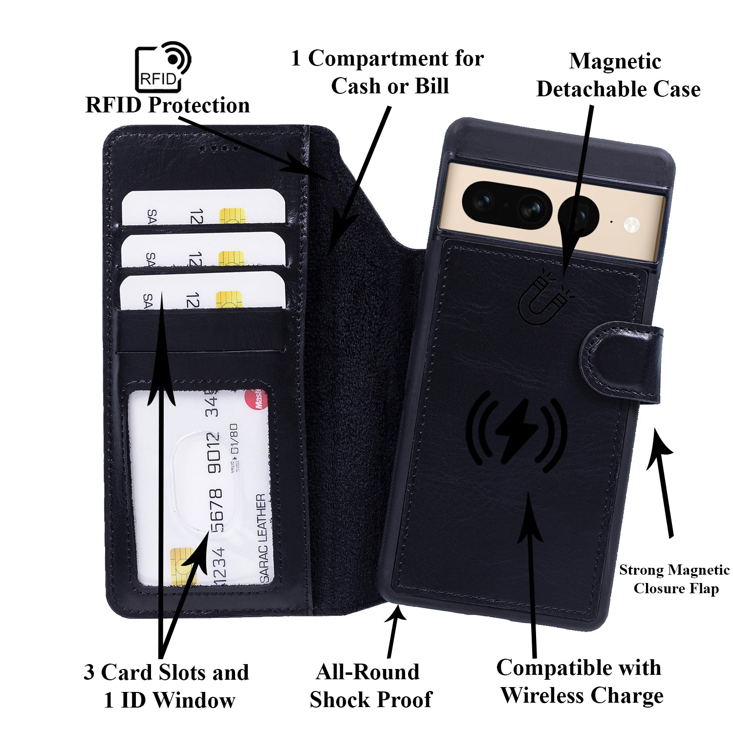 Magic Magnetic Detachable Leather RFID Blocker Wallet Case for Google Pixel 7 Pro (6.7