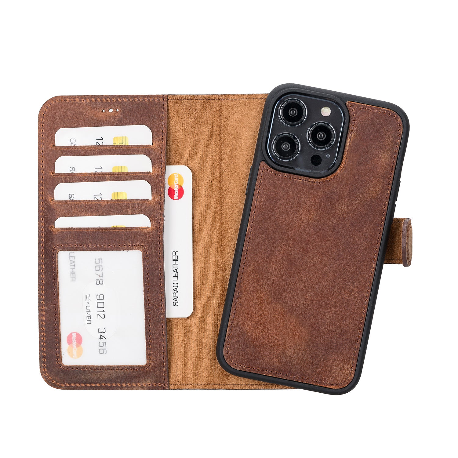 Liluri Magnetic Detachable Leather Wallet Case for iPhone 14 Pro Max (6.7") - BROWN