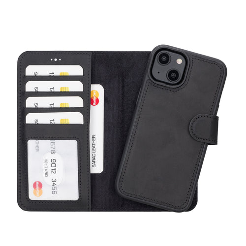 Liluri Magnetic Detachable Leather Wallet Case for iPhone 14 (6.1") - BLACK