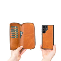 Pouch Magnetic Detachable Leather Wallet Case with RFID for Samsung Galaxy S22 Ultra (6.8") - TAN