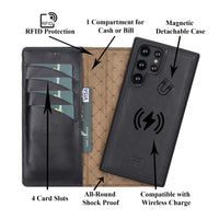 Magic Magnetic Detachable Leather RFID Blocker Wallet Case for Samsung Galaxy S22 Ultra (6.8") - BLACK