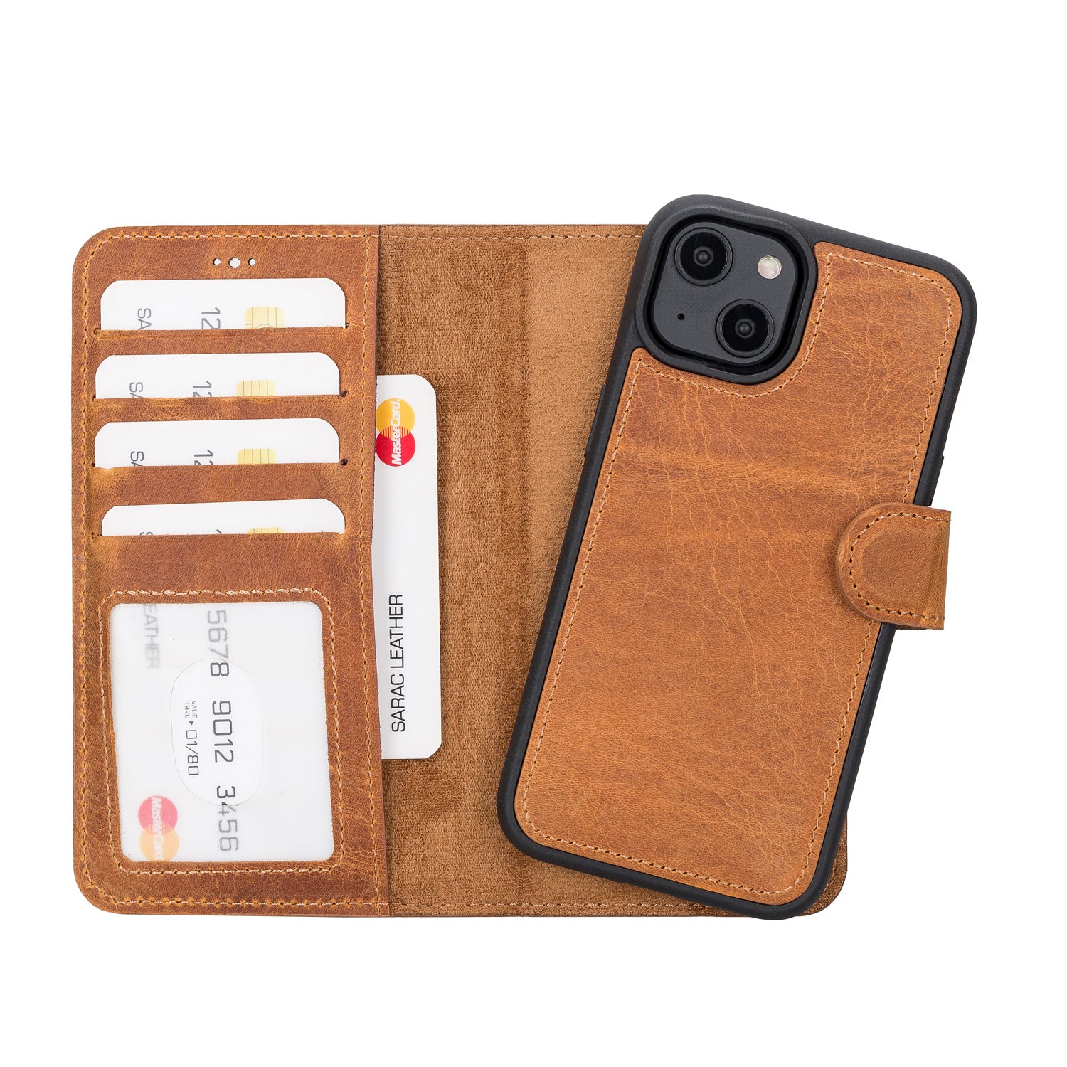 Liluri Magnetic Detachable Leather Wallet Case for iPhone 14 (6.1") - TAN