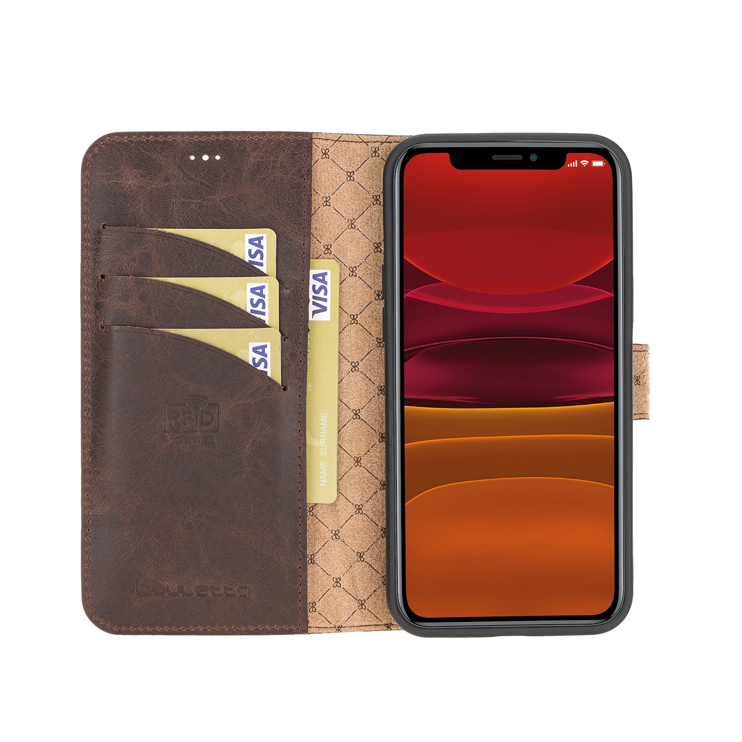 Wallet Folio Leather Case with RFID for iPhone 12 Mini (5.4") - BROWN - saracleather