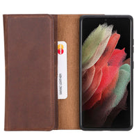 Santa Magnetic Detachable Leather Wallet Case for Samsung Galaxy S21 Plus 5G (6.7") - BROWN - saracleather