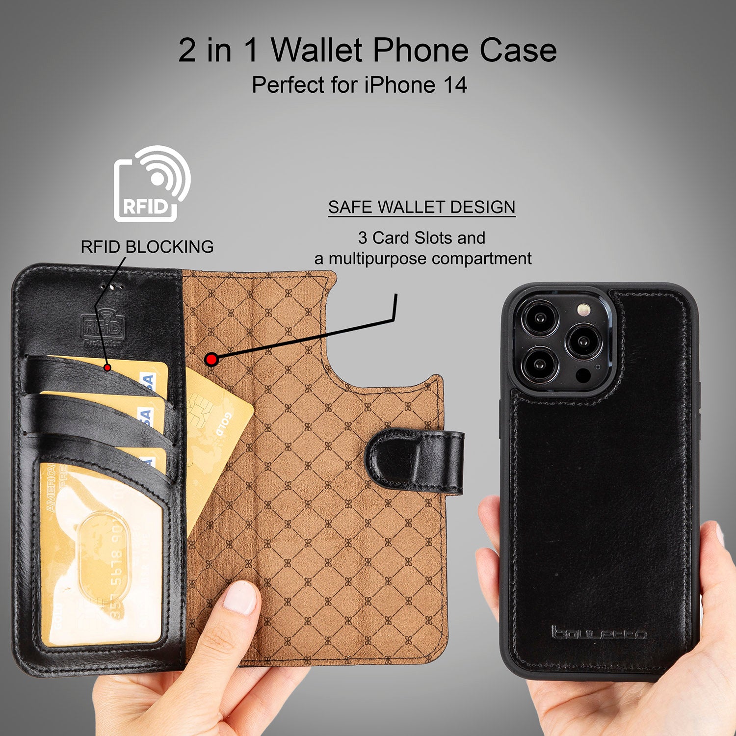 Magic Magnetic Detachable Leather Wallet Case with RFID for iPhone 14 Pro Max (6.7