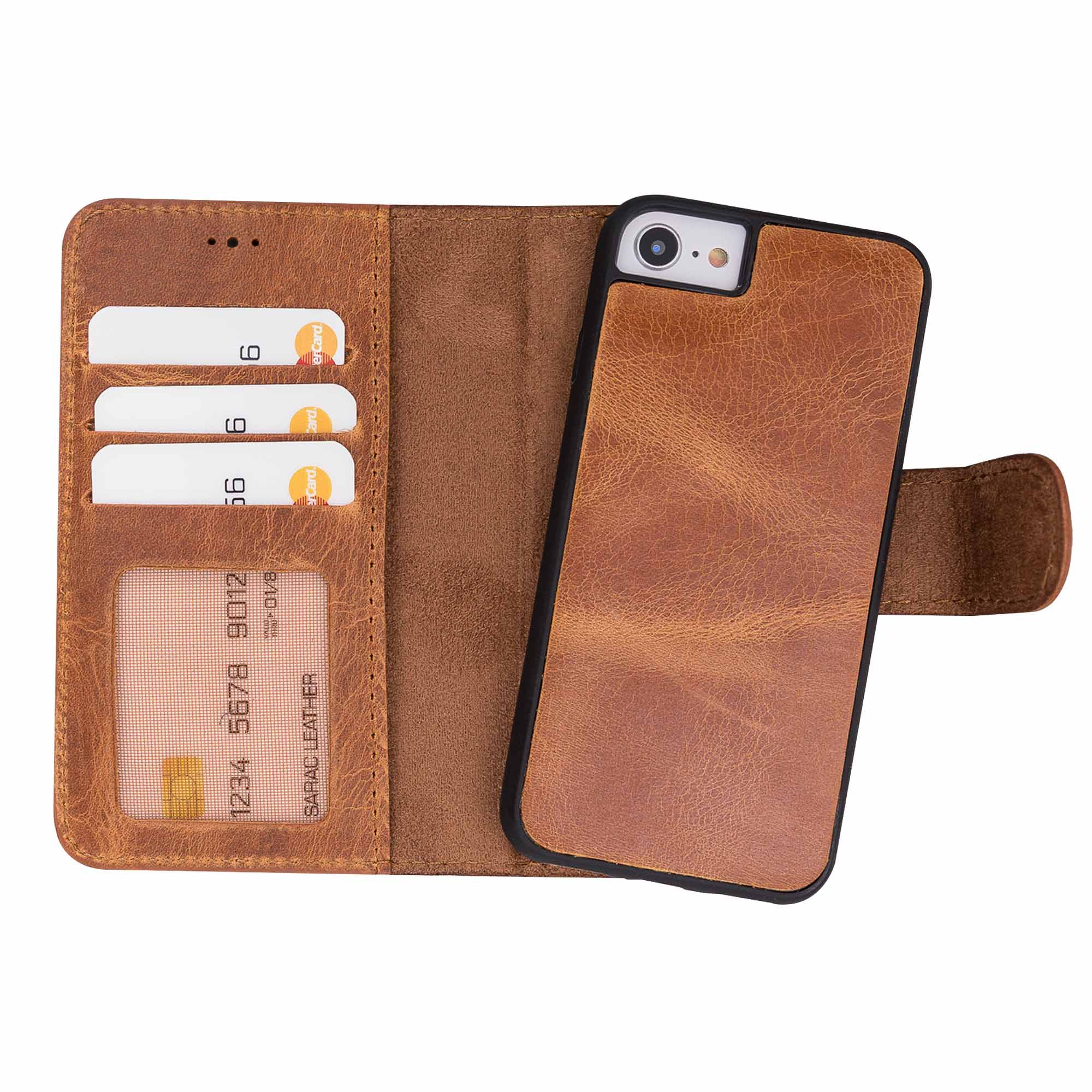 Liluri Magnetic Detachable Leather Wallet Case for iPhone SE 2020 / 8 / 7 (4.7") - TAN - saracleather