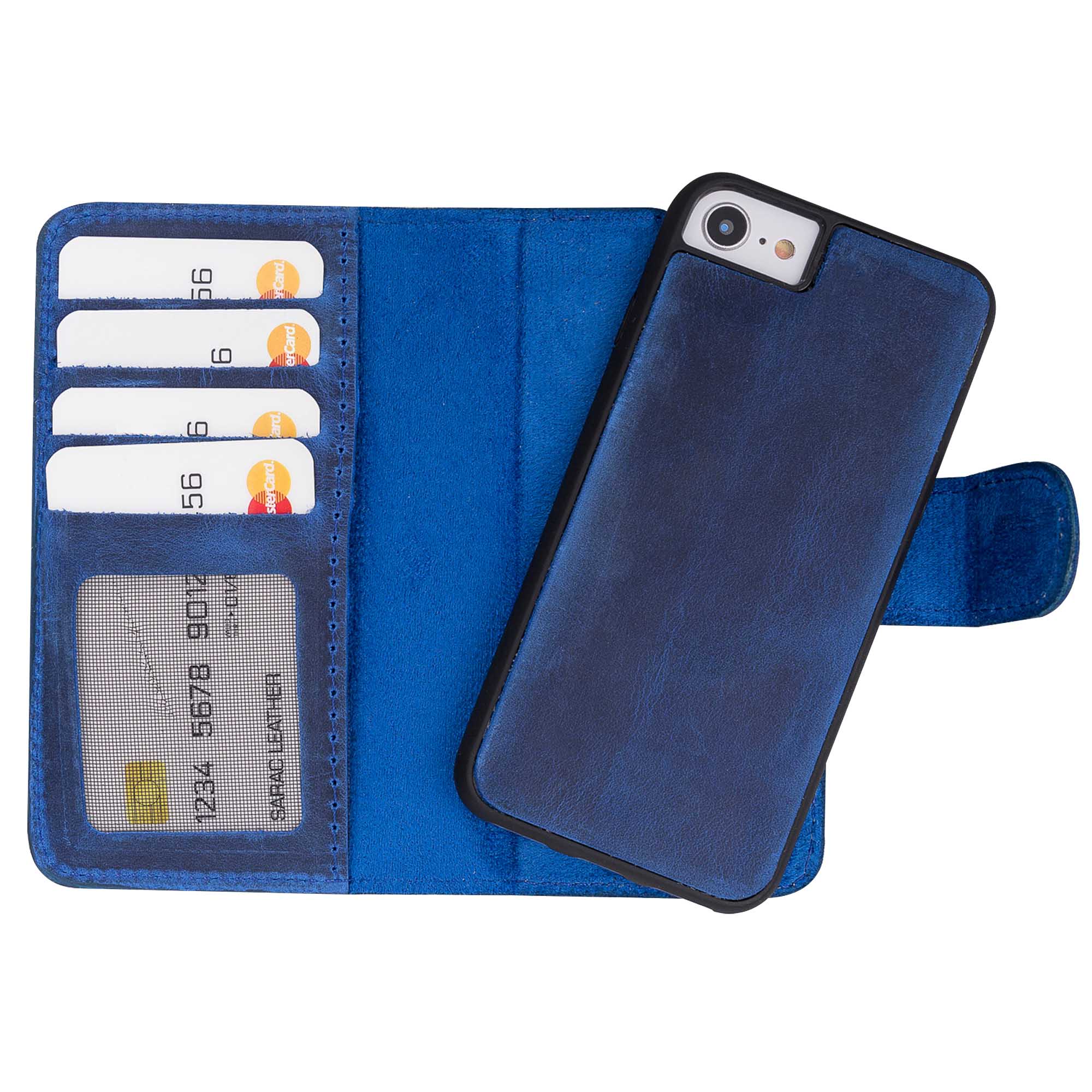 Liluri Magnetic Detachable Leather Wallet Case for iPhone SE 2020 / 8 / 7 (4.7") - BLUE - saracleather