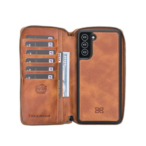 Pouch Magnetic Detachable Leather Wallet Case with RFID for Samsung Galaxy S21 5G (6.2") - TAN - saracleather
