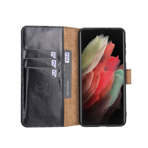 Wallet Folio Leather Case with RFID for Samsung Galaxy S21 Plus 5G (6.7") - BLACK - saracleather