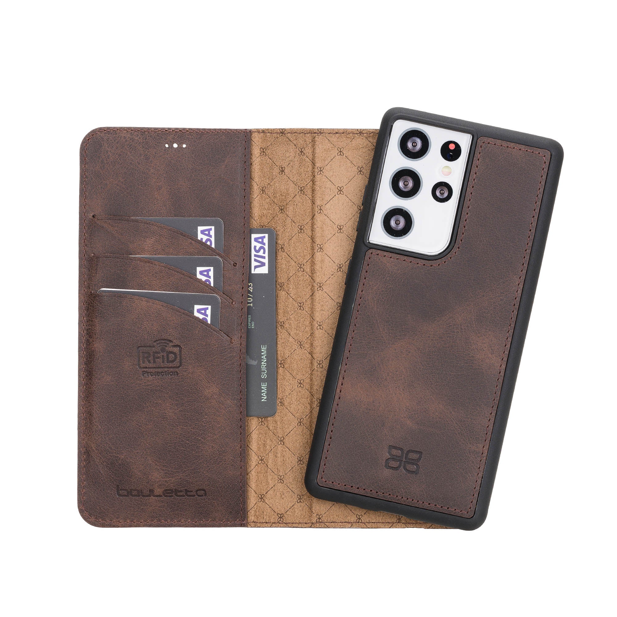 Magic Magnetic Detachable Leather Wallet Case with RFID for Samsung Galaxy S21 Ultra 5G (6.8") - BROWN - saracleather