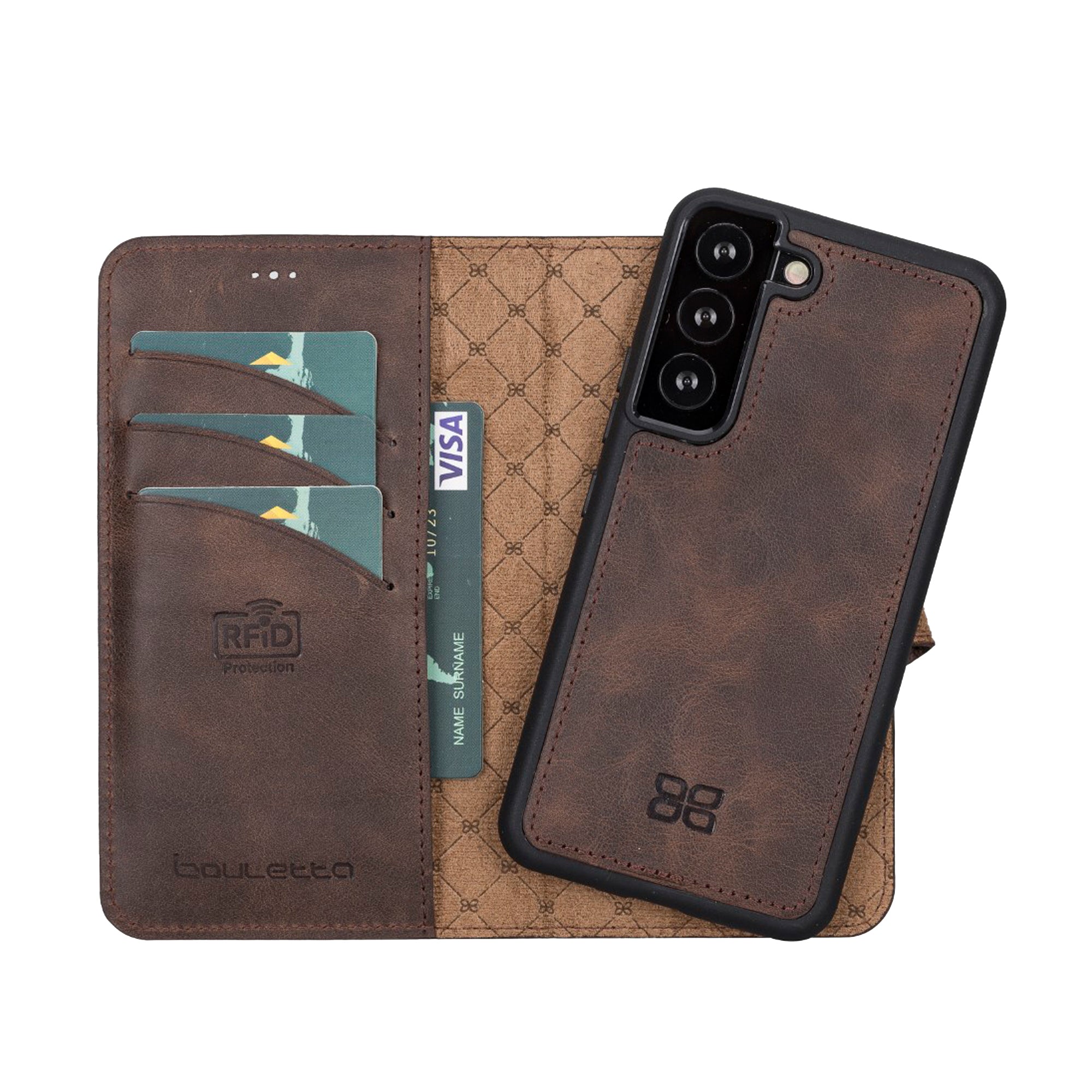 Magic Magnetic Detachable Leather RFID Blocker Wallet Case for Samsung Galaxy S22 Plus (6.6") - BROWN