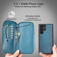 Pouch Magnetic Detachable Leather Wallet Case with RFID for Samsung Galaxy S22 Ultra (6.8") - BLUE