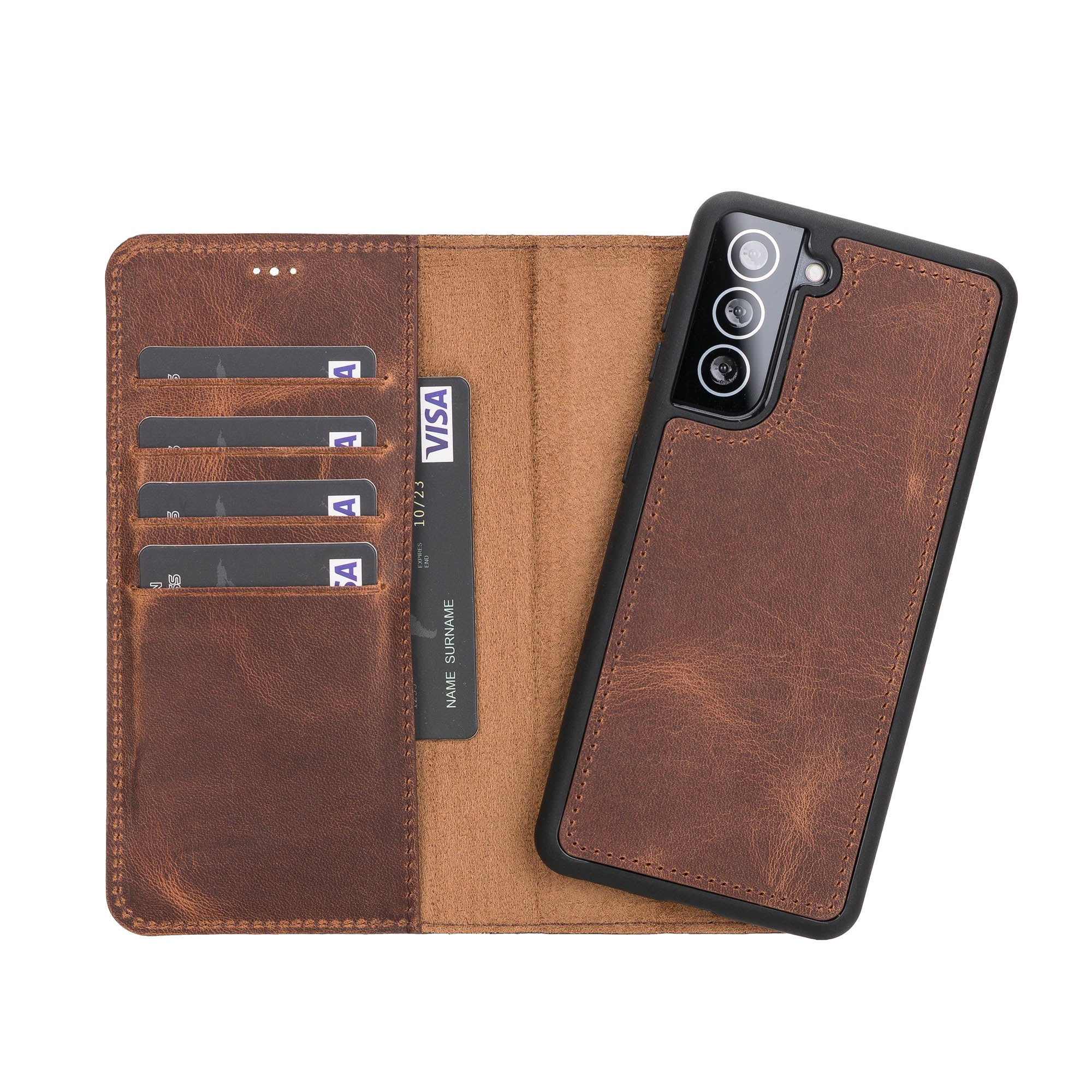 Magic Magnetic Detachable Leather Wallet Case for Samsung Galaxy S21 5G (6.2") - BROWN - saracleather