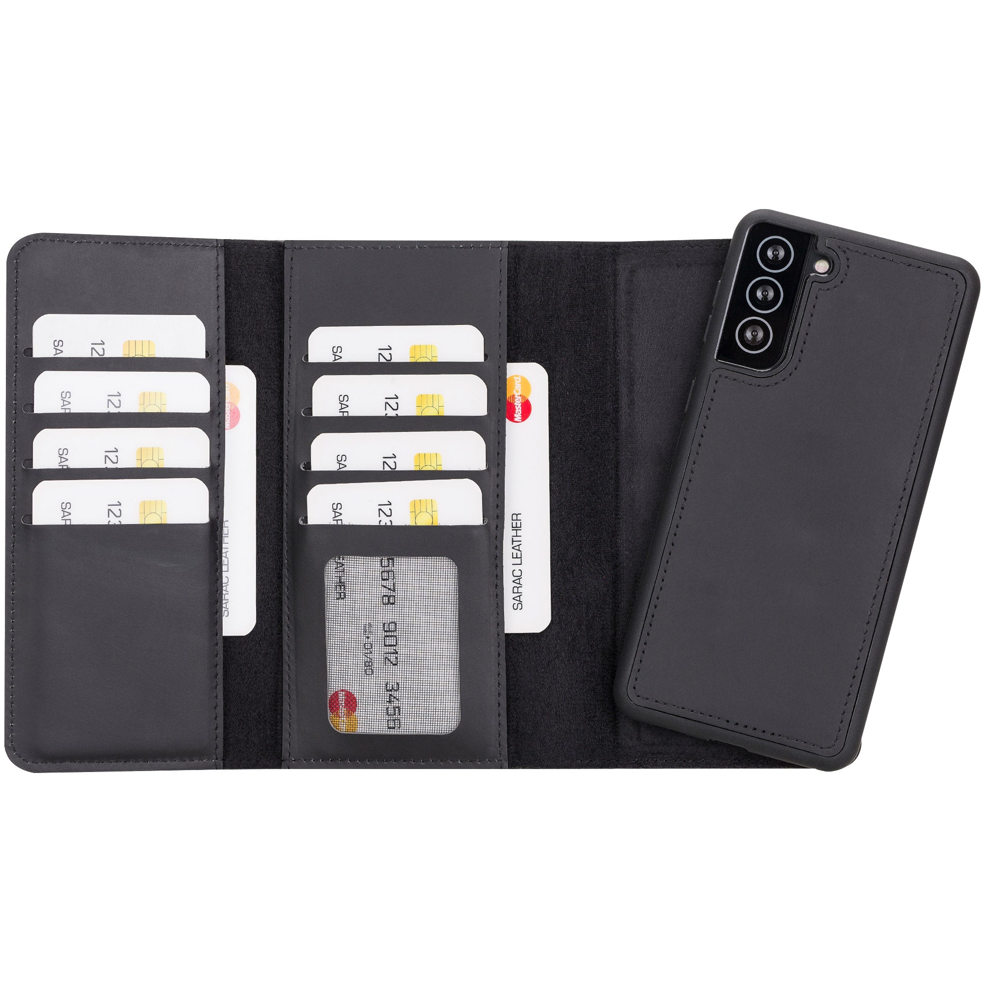 Santa Magnetic Detachable Leather Wallet Case for Samsung Galaxy S21 Plus 5G (6.7") - BLACK - saracleather
