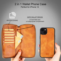 Pouch Magnetic Detachable Leather Wallet Case for iPhone 14 (6.1") - TAN